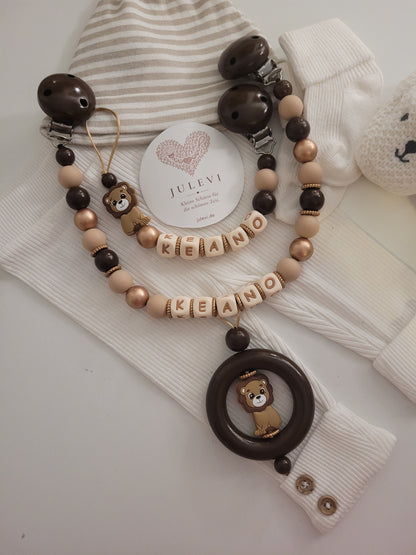 Kinderwagenkette & Schnullerkette Set mit Namen Löwe gold braun | personalisiert