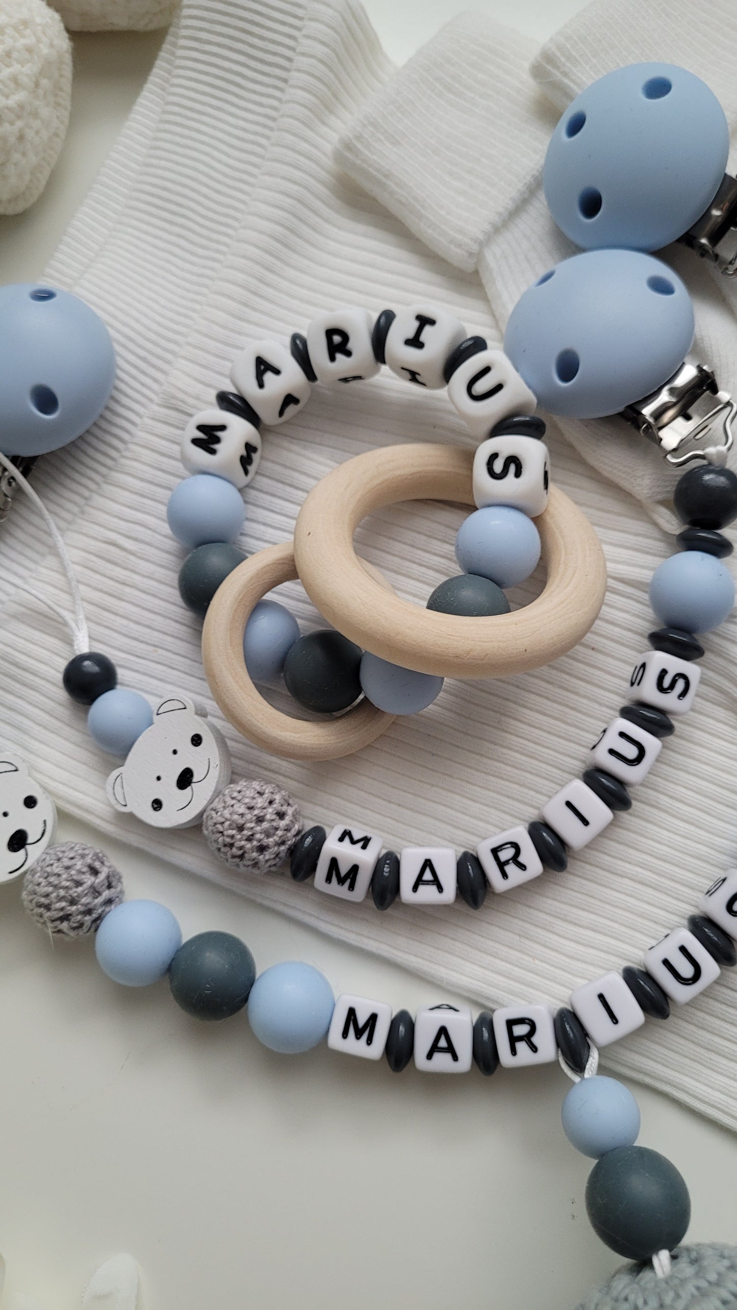 3tlg Set Schnullerkette Kinderwagenkette Greifling Bärchen blau weiss