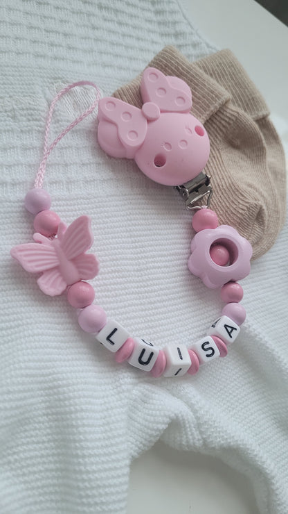 Schnullerkette mit Namen für Mädchen Schmetterling & Blume rosa babyrosa