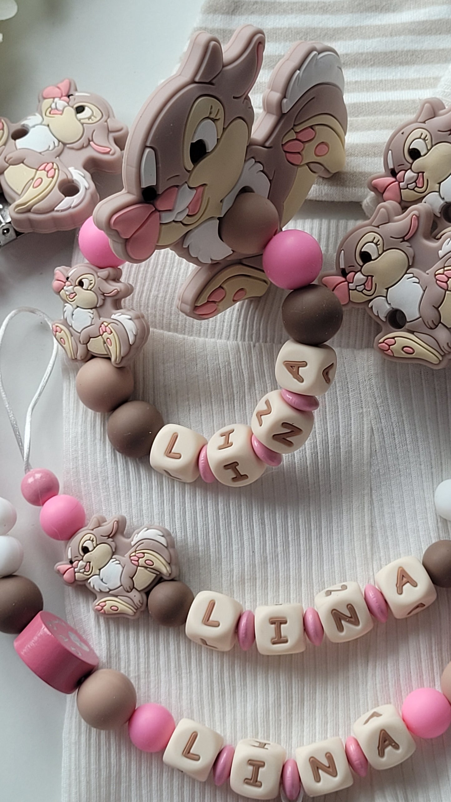 3tlg Set Schnullerkette Kinderwagenkette Greifling Hase pink braun