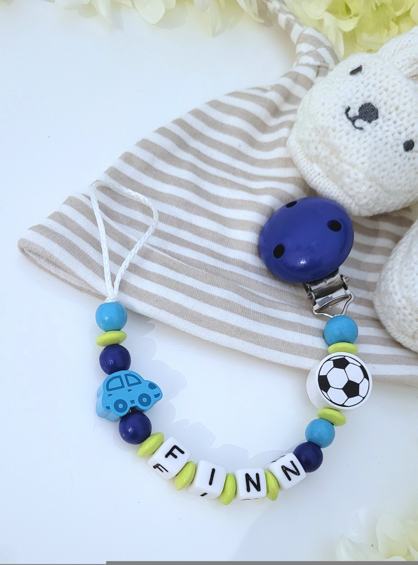 Schnullerkette mit Namen für Jungen Auto Fussball