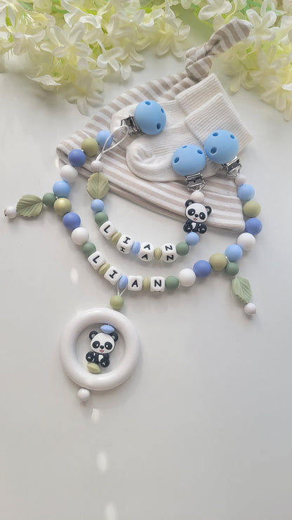 Kinderwagenkette & Schnullerkette mit Namen Panda blau grün weiss
