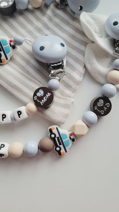 Kinderwagenkette & Schnullerkette mit Namen Polizei beige braun grau blau