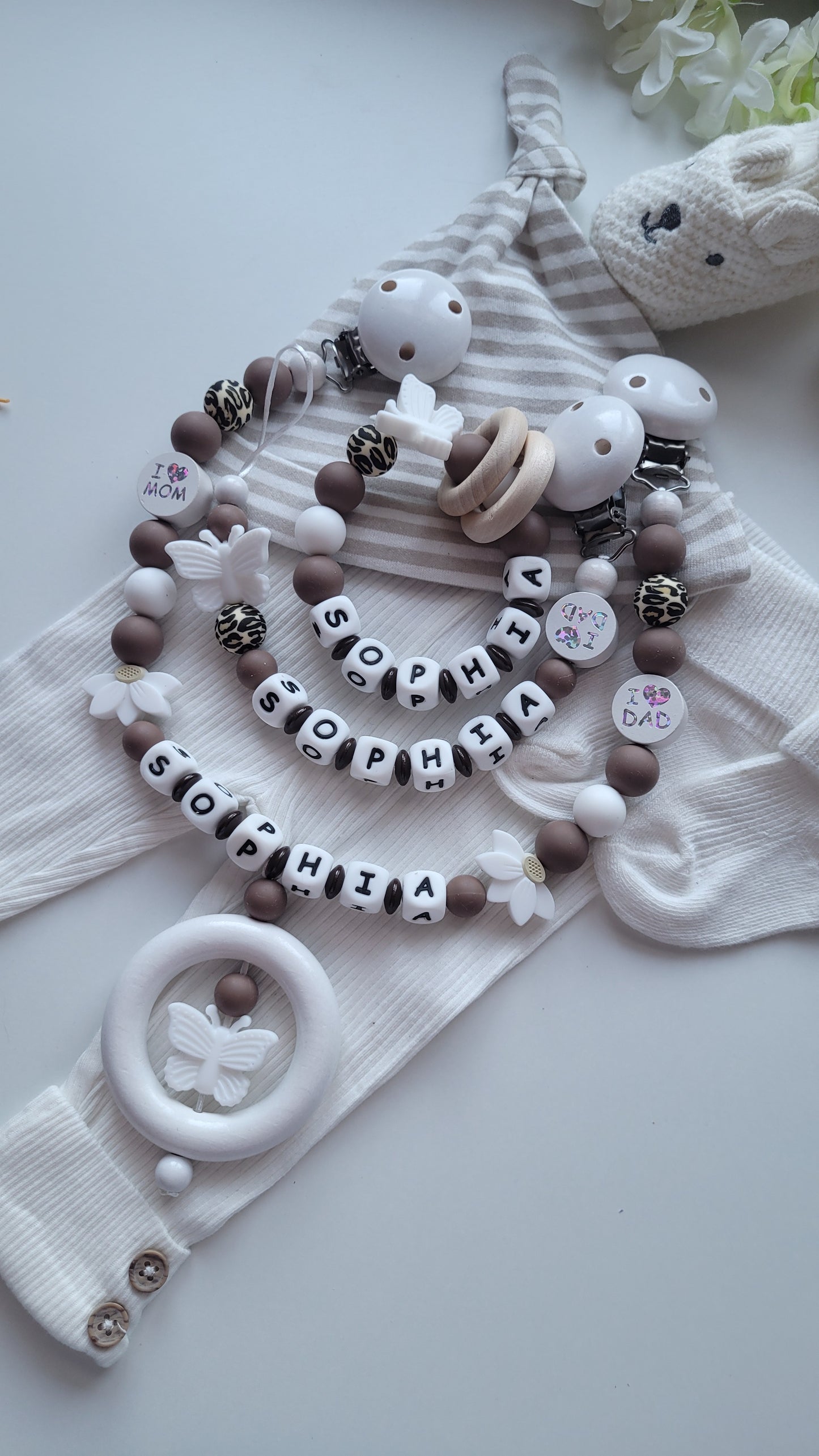 3er Set Schnullerkette Kinderwagenkette & Beissring mit Namen  Schmetterlinge leo weiss braun