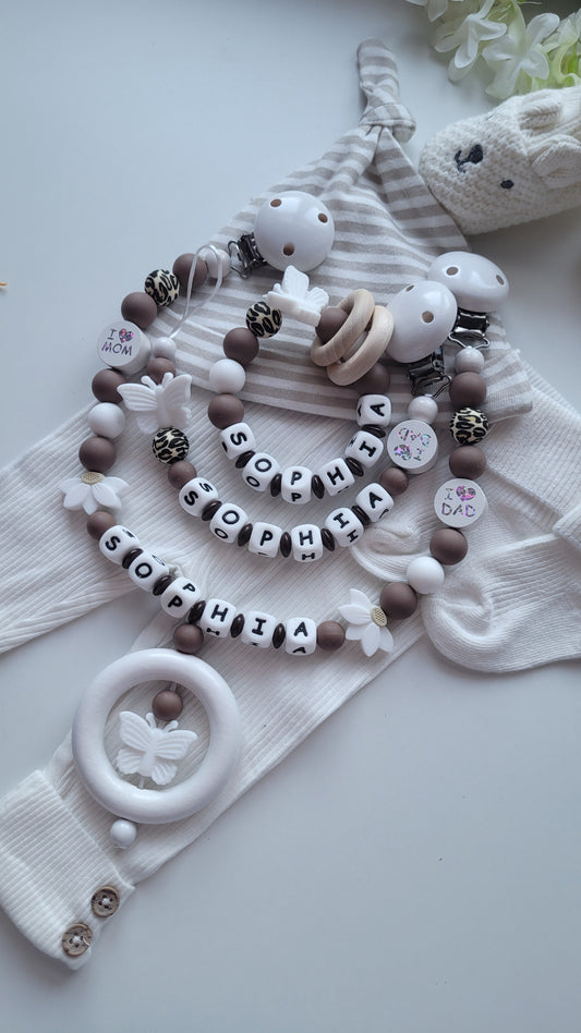 3er Set Schnullerkette Kinderwagenkette & Beissring mit Namen  Schmetterlinge leo weiss braun