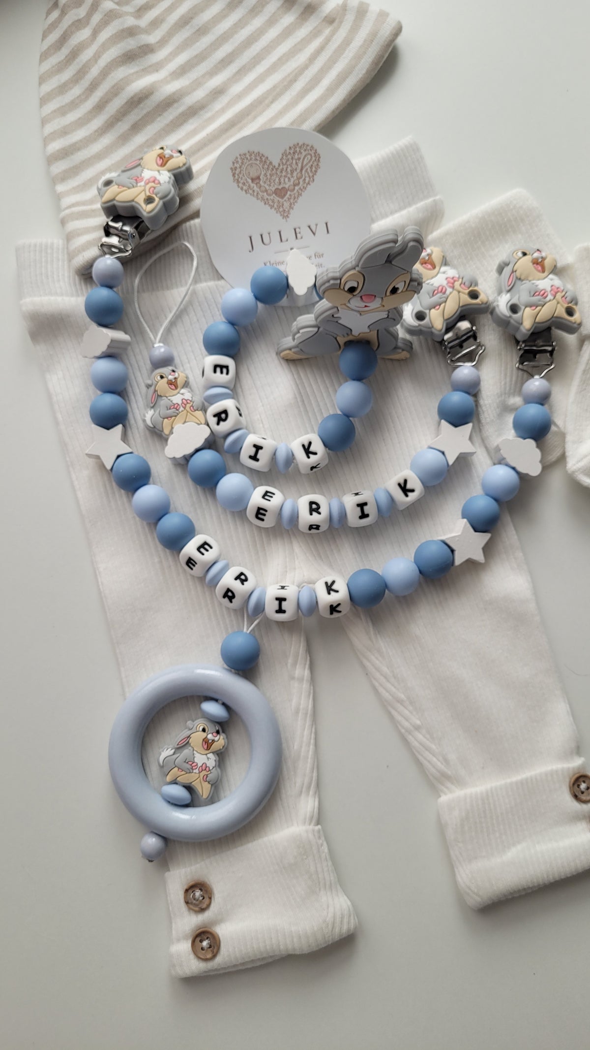 3tlg Set Schnullerkette Kinderwagenkette Beissring mit Namen Hase Wolken Sterne blau | personalisiert