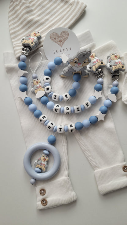 3tlg Set Schnullerkette Kinderwagenkette Beissring mit Namen Hase Wolken Sterne blau | personalisiert