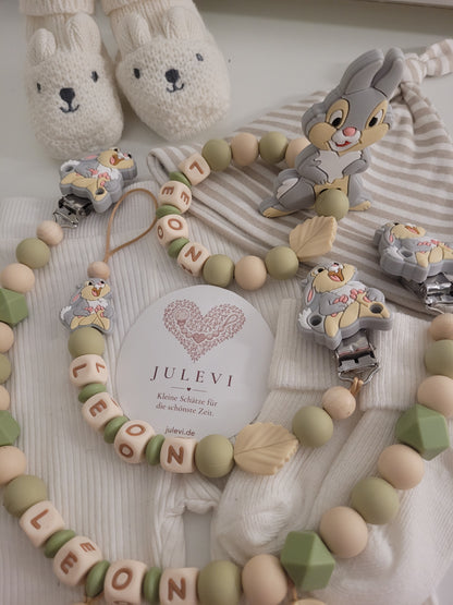 3er Set Schnullerkette Kinderwagenkette & Greifring mit Namen Hase Grün Beige
