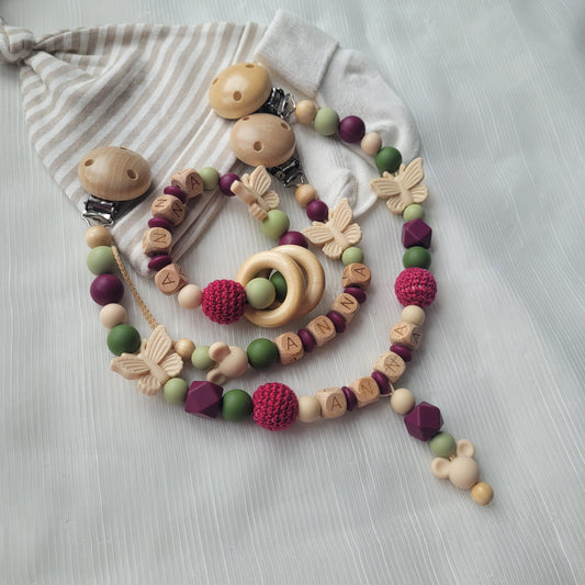 3 tlg Set Schnullerkette Kinderwagenkette Greifring Maus & Schmetterling brombeer grün beige