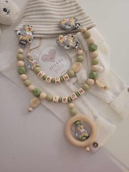 3er Set Schnullerkette Kinderwagenkette & Greifring mit Namen Hase Grün Beige