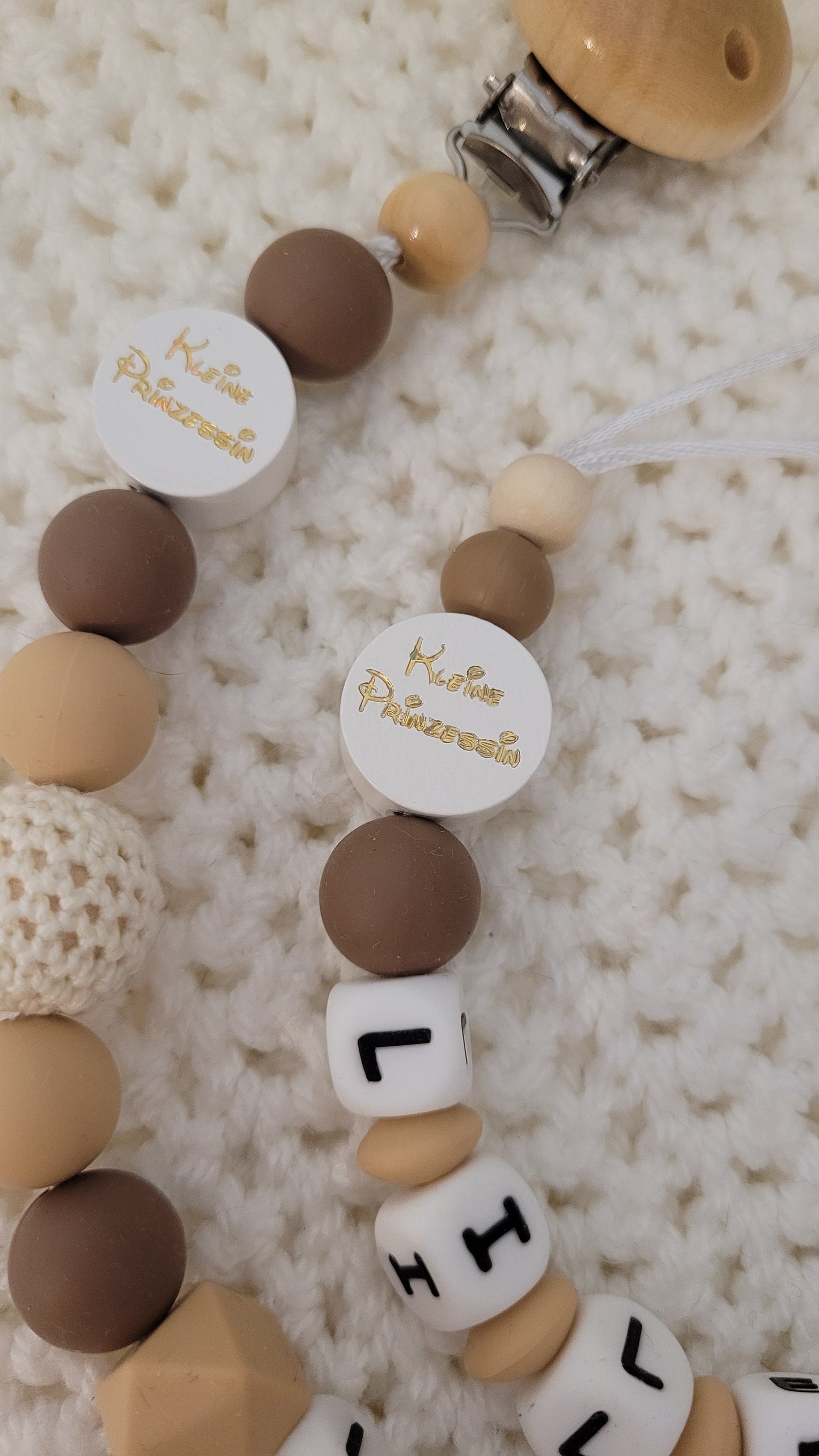 Kinderwagenkette & Schnullerkette mit Namen kleine Prinzessin & Häkelhase