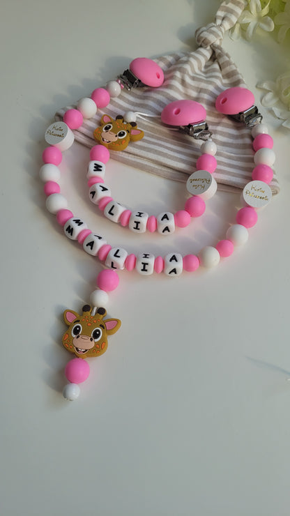 Kinderwagenkette & Schnullerkette mit Namen *Giraffe* pink