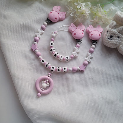 Kinderwagenkette & Schnullerkette mit Namen für Mädchen Maus rosa