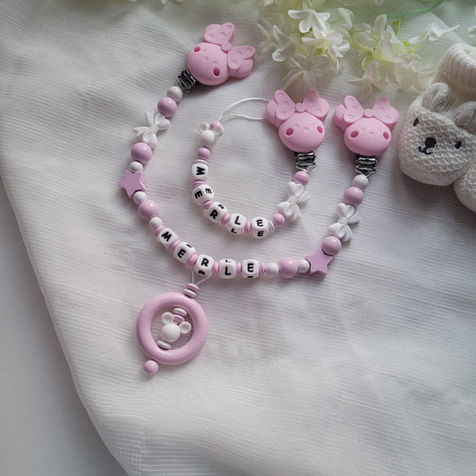 Kinderwagenkette & Schnullerkette mit Namen für Mädchen Maus rosa