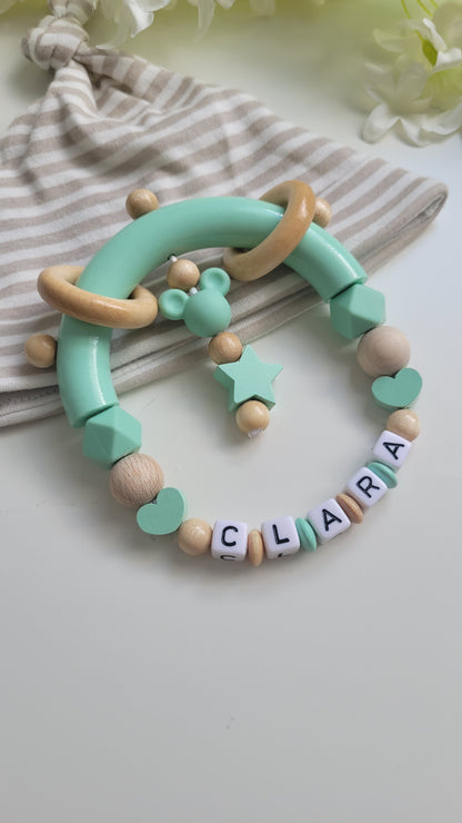 3tlg.Set Schnullerkette Kinderwagenkette & Greifring Maus mint holz Spielringe