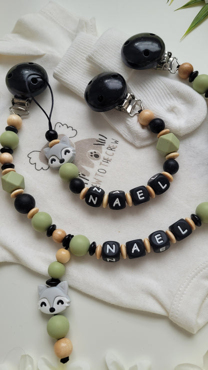 Kinderwagenkette & Schnullerkette Set Grün Fuchs