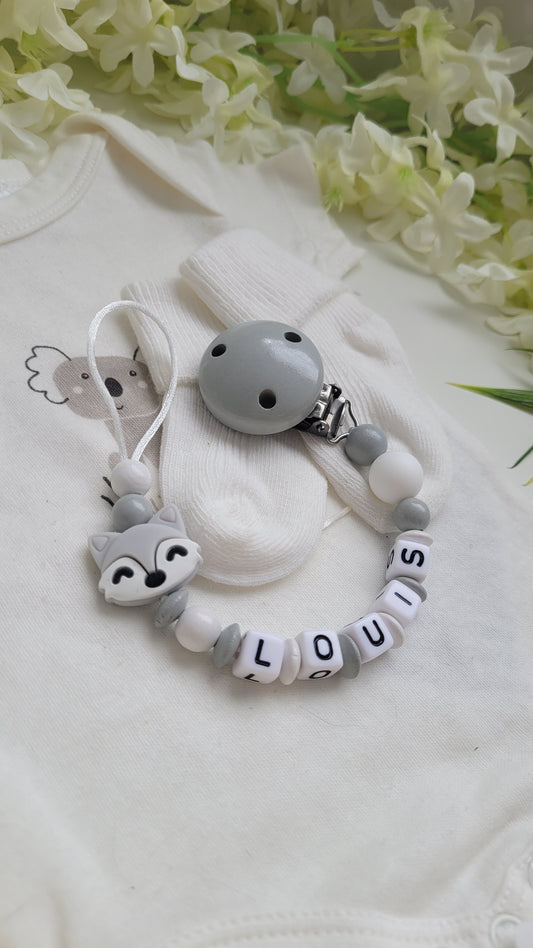 Schnullerkette mit Namen für Jungen Fuchs grau weiss