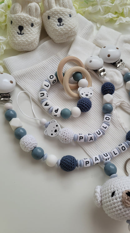 4 tlg Mega Komplett Set inkl. Schlüsselanhänger Bärchen graublau