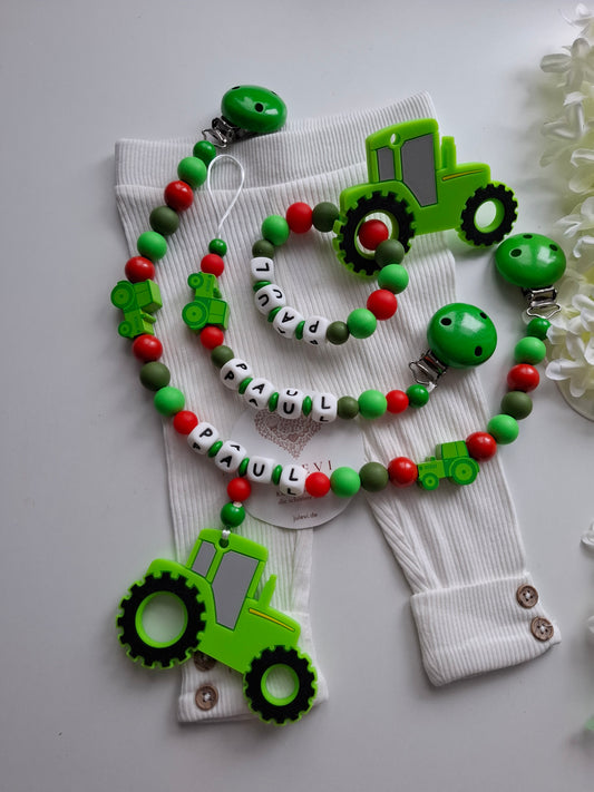 3er Set Schnullerkette Kinderwagenkette & Greifring mit Namen Traktor grün rot