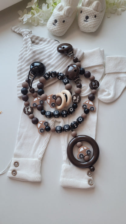 3er Set Schnullerkette Kinderwagenkette & Greifring Auto mit Namen  schwarz braun