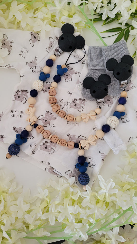 Kinderwagenkette & Schnullerkette * Maus* blue holz schwarz