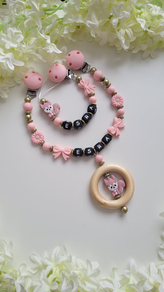 Kinderwagenkette & Schnullerkette * Waldfreunde* gold rosa