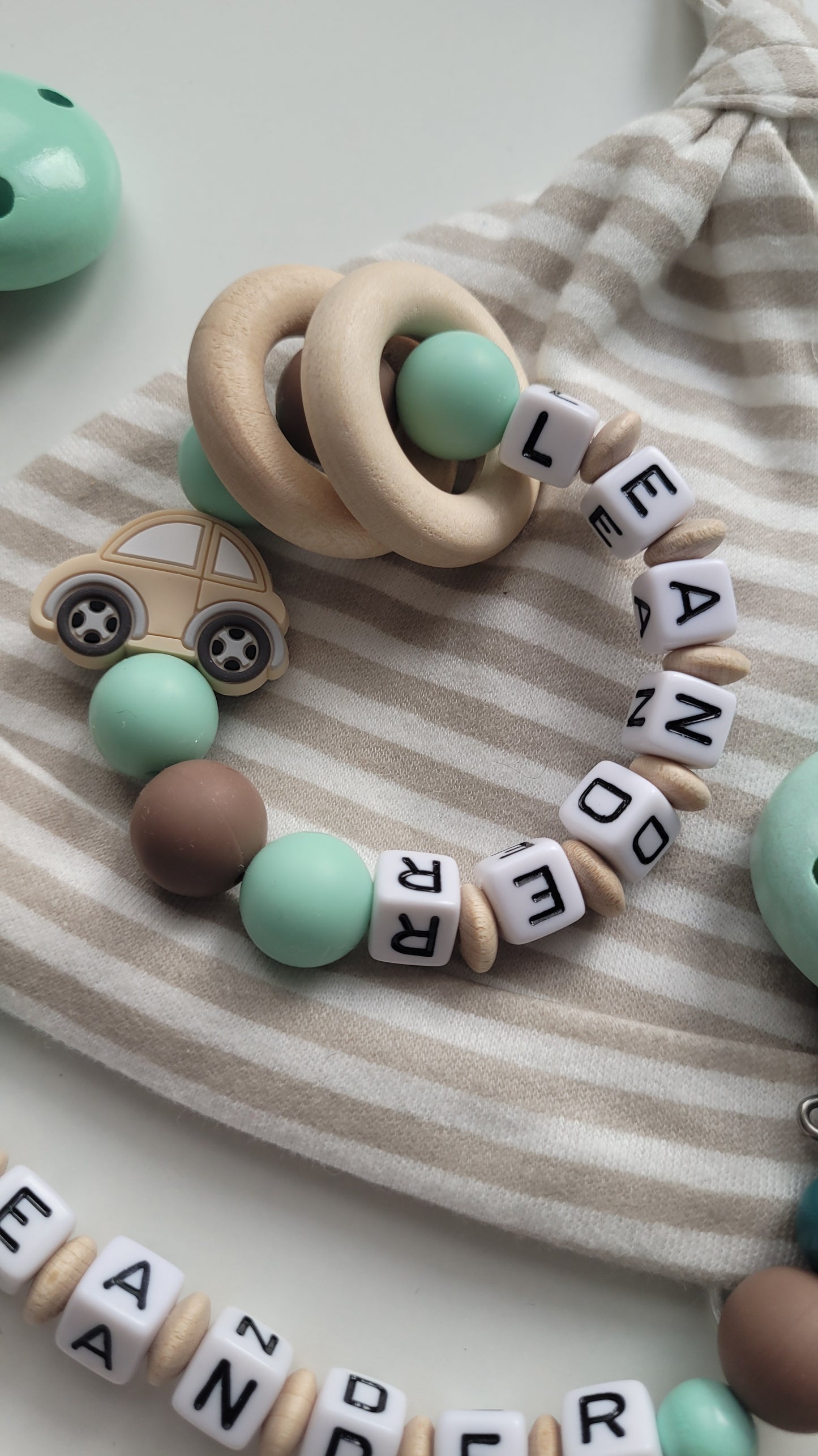 3er Set Schnullerkette Kinderwagenkette & Beissring mit Namen Autos mint petrol braun