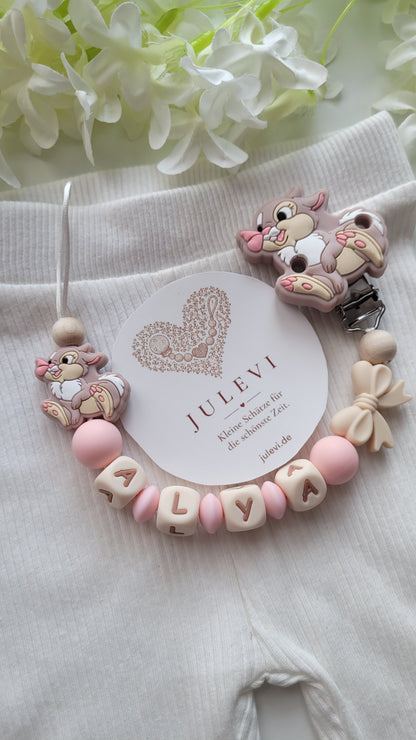 Schnullerkette mit Namen für Mädchen Hase & Schleife rosa beige