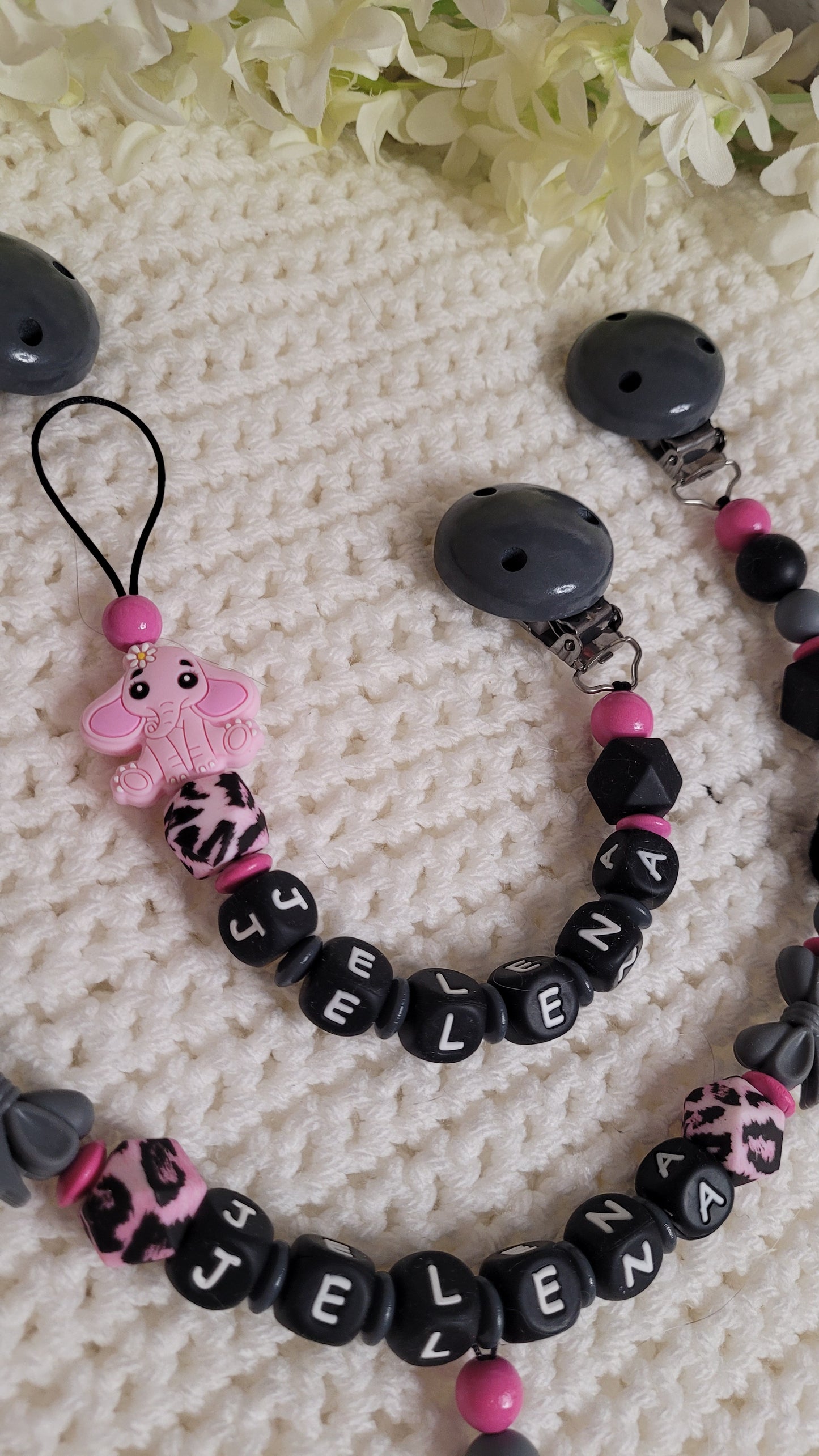 Schnullerkette mit Namen für Mädchen Elefant leo pink schwarz