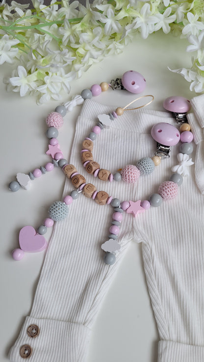 Kinderwagenkette & Schnullerkette mit Namen Rosa Wolke