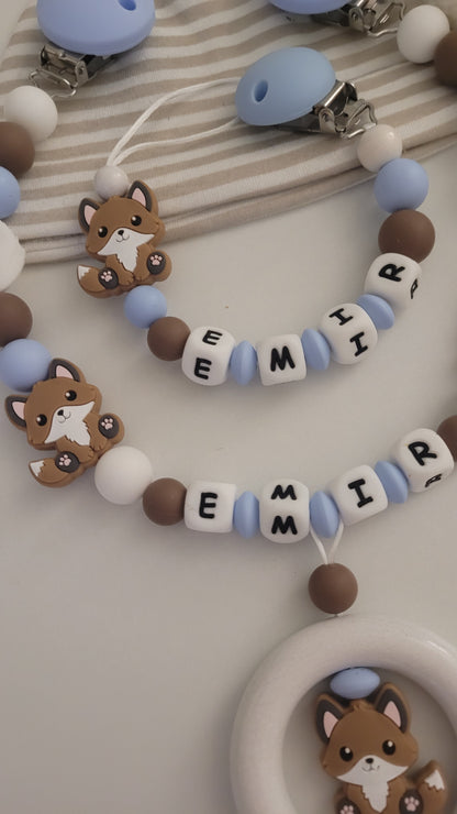 Kinderwagenkette & Schnullerkette Set Fuchs  für Jungen braun blau weiss