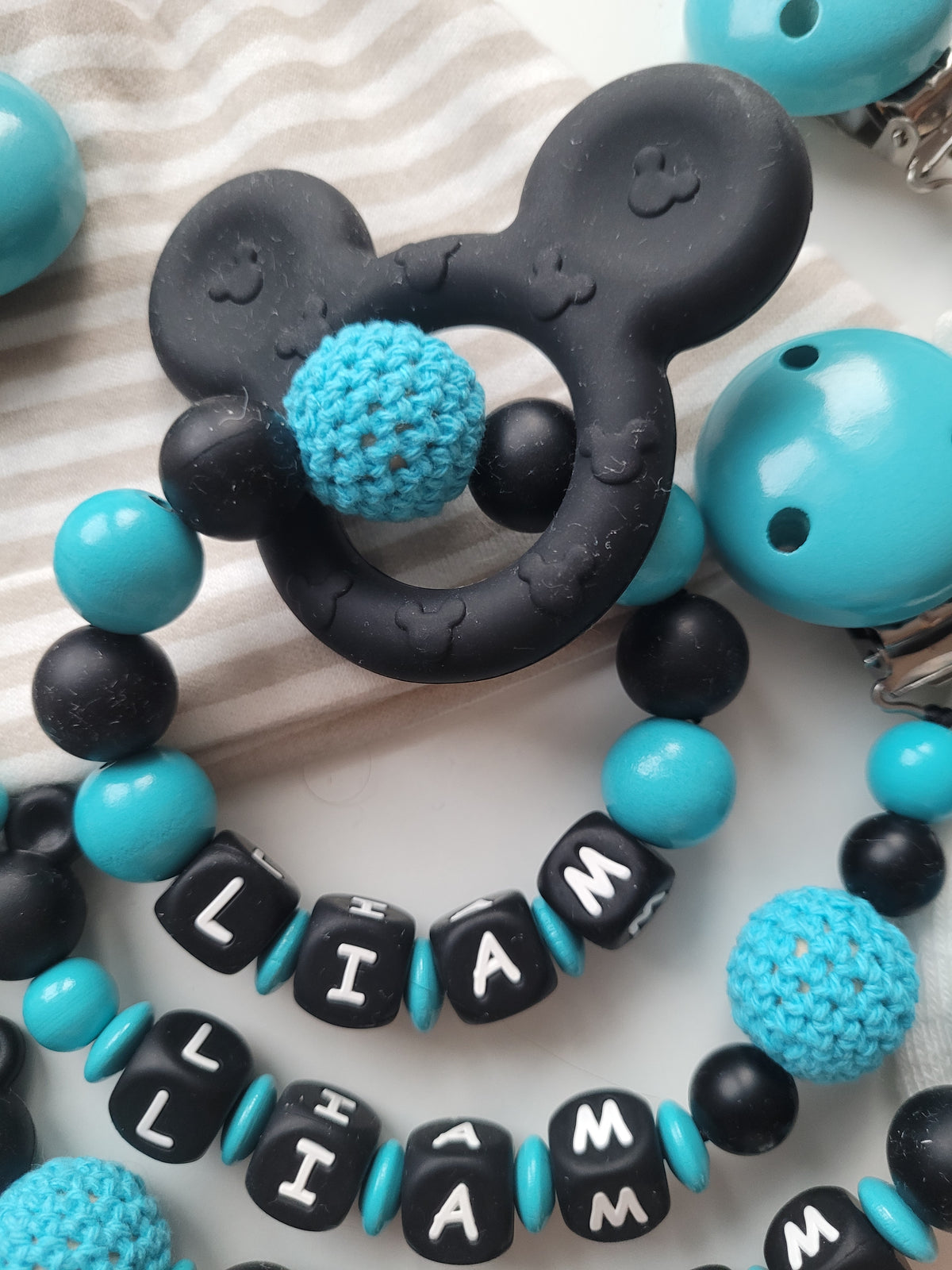 3er Set Schnullerkette Kinderwagenkette & Greifring mit Namen Maus türkis schwarz