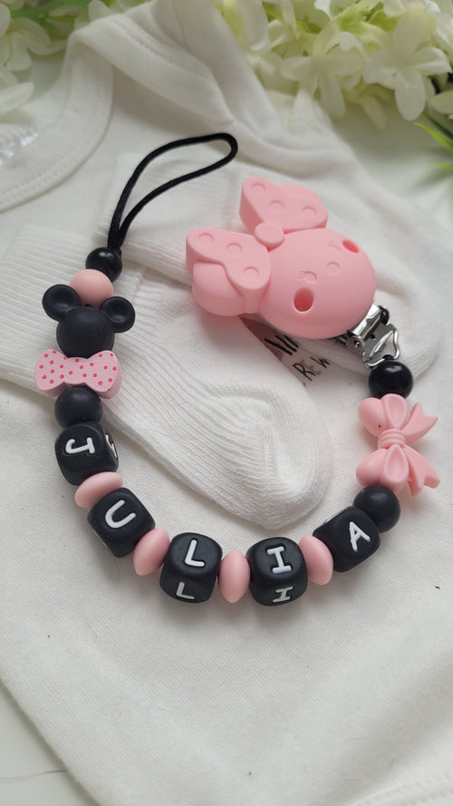 Schnullerkette mit namen für Mädchen schwarz rosa Minnie Maus