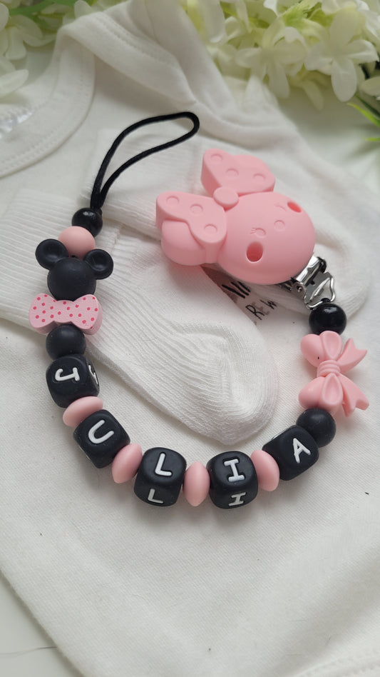 Schnullerkette mit namen für Mädchen schwarz rosa Minnie Maus
