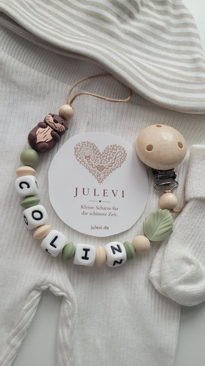 Schnullerkette mit Namen für Jungen Otter Silikon grün beige mit Blatt