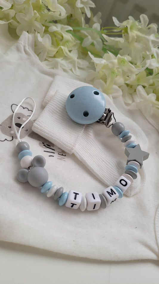 Schnullerkette mit Namen für Jungen Maus & Stern blau weiss grau