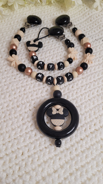 Kinderwagenkette & Schnullerkette mit Namen Minnie perlgold beige schwarz