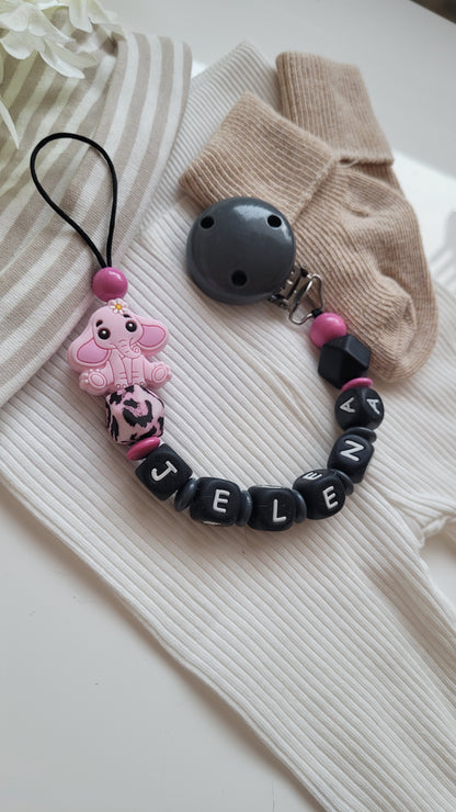 Schnullerkette mit Namen für Mädchen Elefant leo pink schwarz