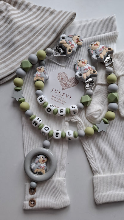 Kinderwagenkette & Schnullerkette Set mit Namen Hase grau grün Silikon | personalisiert