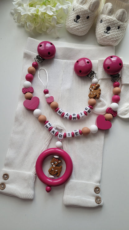 Kinderwagenkette & Schnullerkette mit Namen Rehe pink weiss braun