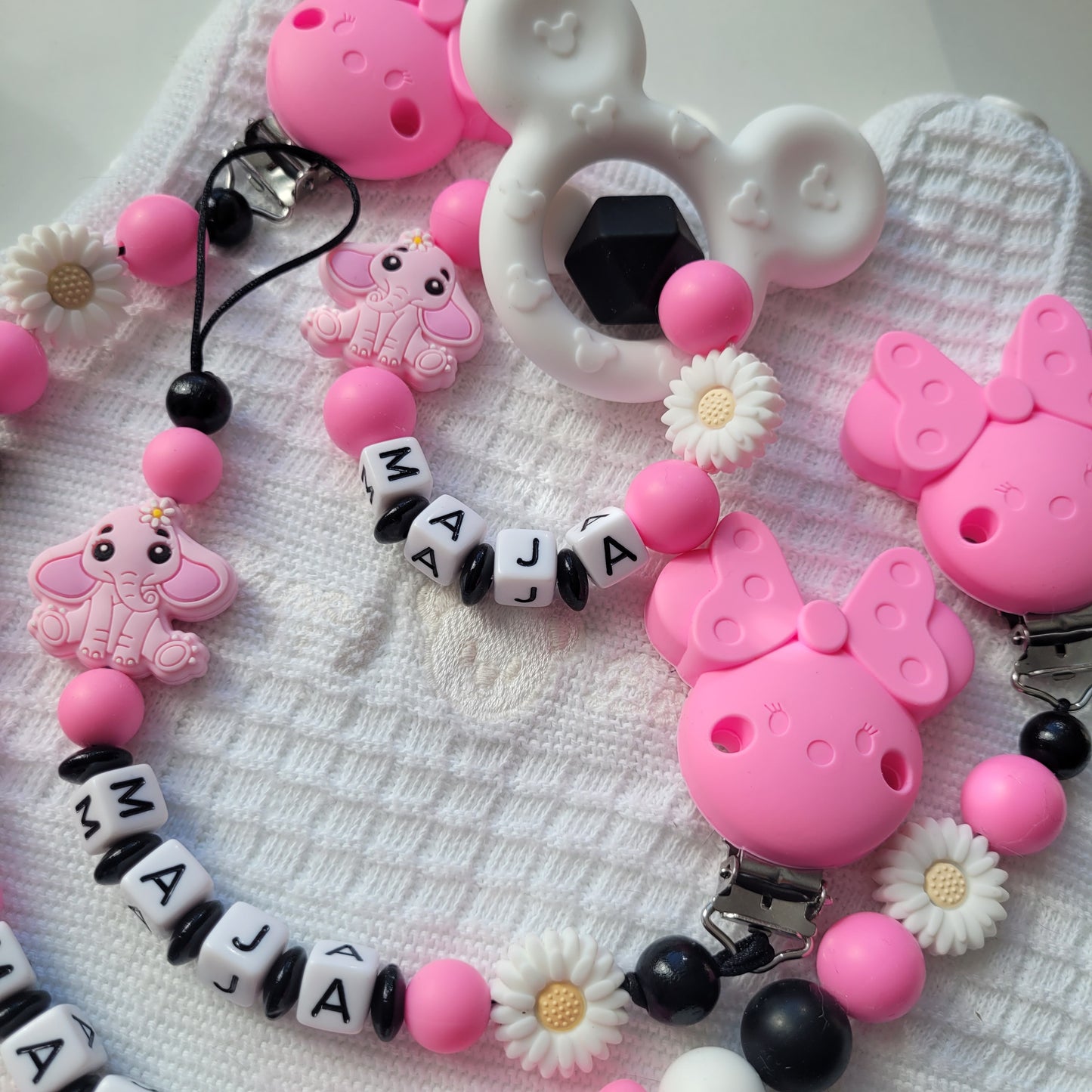 3er Set Kinderwagenkette & Schnullerkette mit Namen + Greifring für Mädchen schwarz pink weiß Elefant & Maus