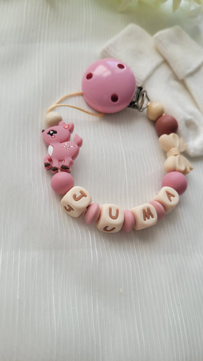 Kinderwagenkette  Schnullerkette Greifring mit Namen für Mädchen Rehe rosenholz beige braun