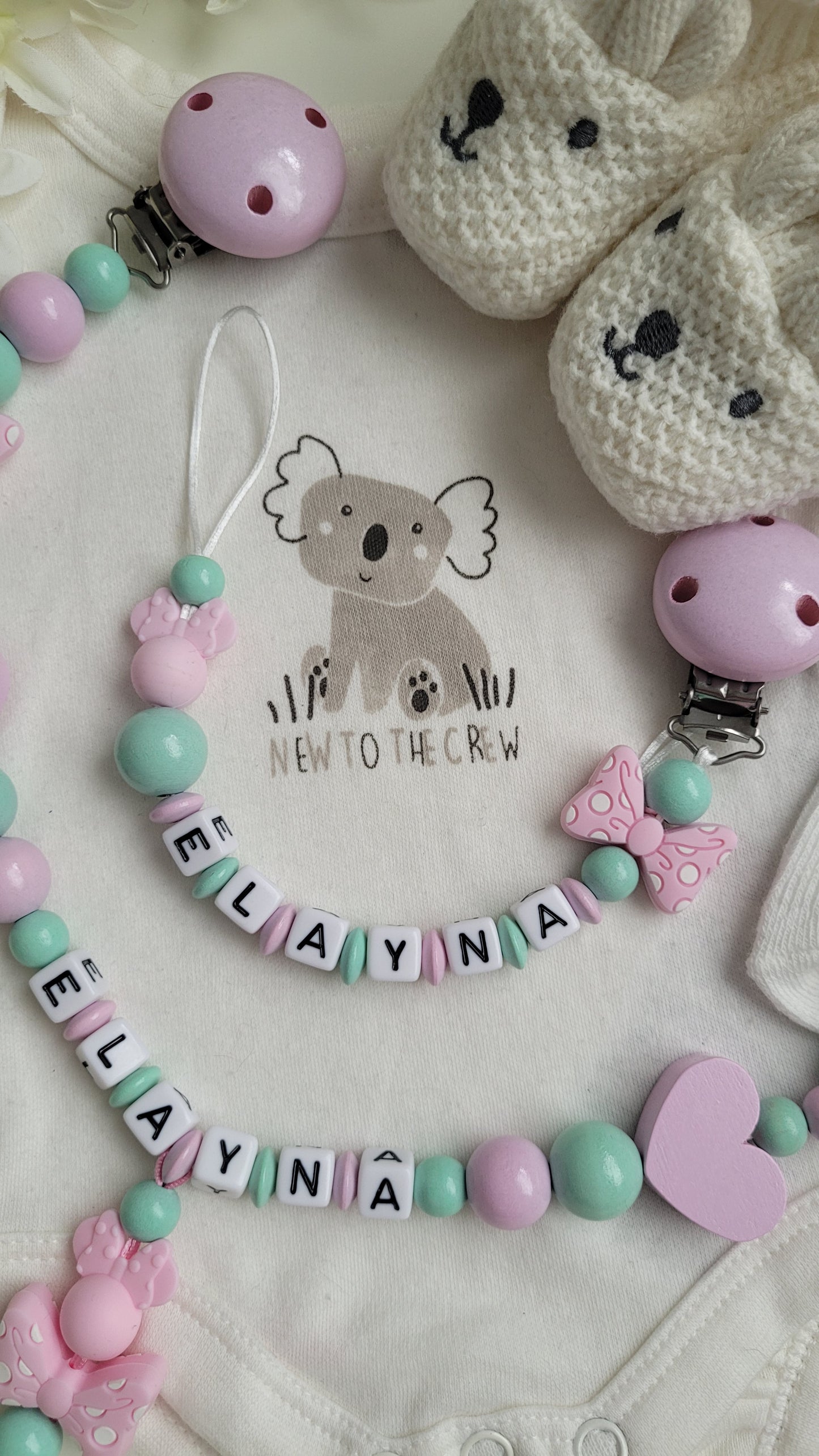 Kinderwagenkette & Schnullerkette mit Namen Minnie Maus mint rosa