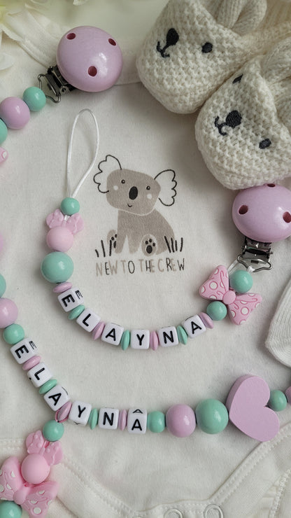 Kinderwagenkette & Schnullerkette mit Namen Minnie Maus mint rosa