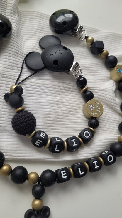 Kinderwagenkette & Schnullerkette mit Namen schwarz gold