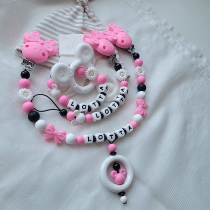 3er Set Kinderwagenkette & Schnullerkette mit Namen + Greifring für Mädchen schwarz pink weiß