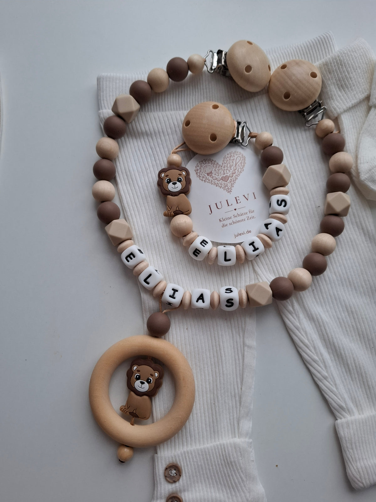 Kinderwagenkette & Schnullerkette Set mit Namen Löwe beige braun Holz Blatt personalisiert