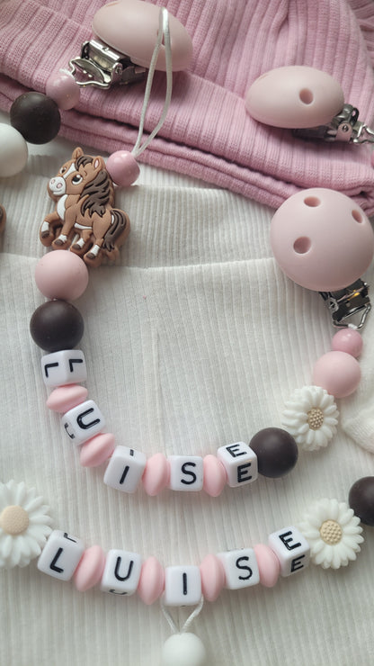 Kinderwagenkette & Schnullerkette mit Namen – Pferd Silikon rosa braun