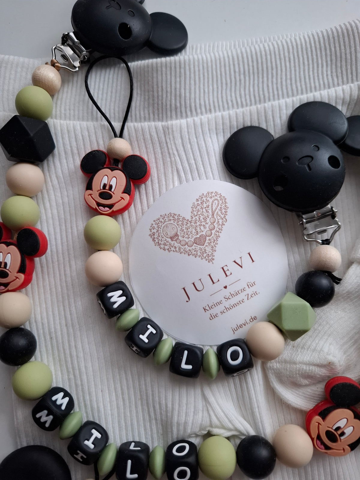 Kinderwagenkette & Schnullerkette Set mit Namen Maus schwarz grün beige personalisiert