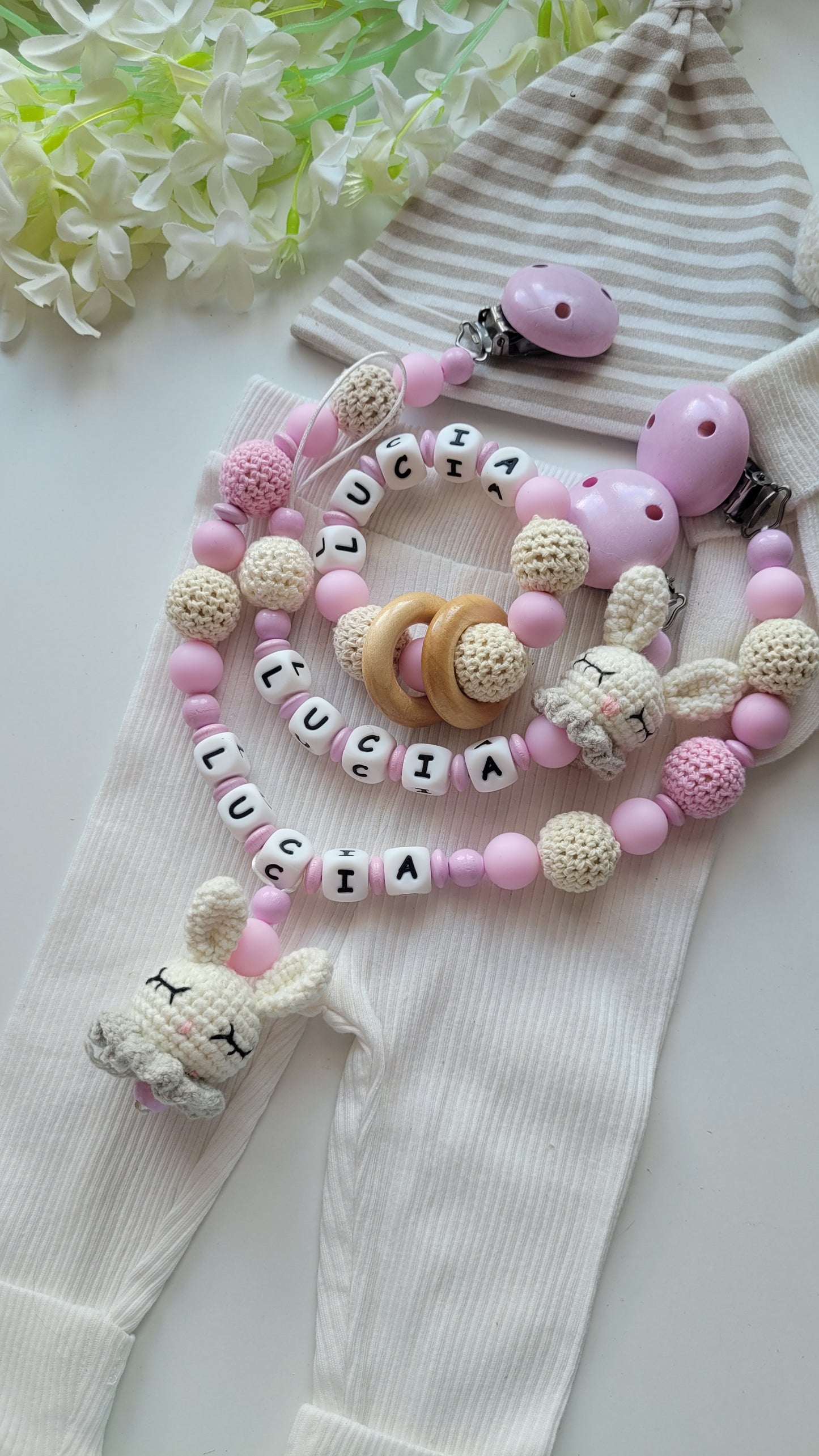 3tlg Set Schnullerkette Kinderwagenkette Beissring Hasen